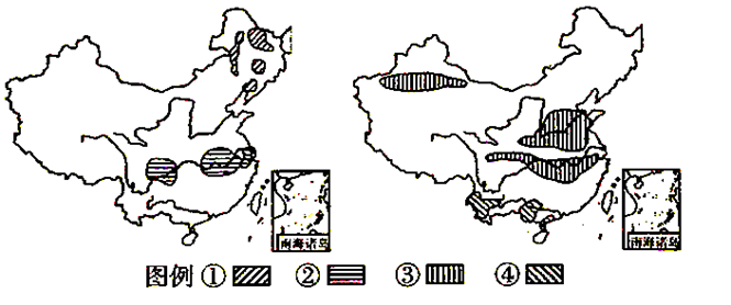 读下列我国四种经济作物分布图,图例①②③④代表的四种经济作物依次是