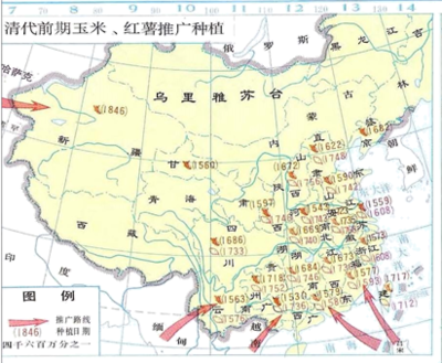 下表反映了A.玉米和甘薯均由沿海传入内地B.经济作物品种在清代日益增多C.新粮食作物推广有利于提高粮食产量D.五口通商加快了美洲本土作物的传播