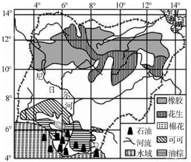 读撒哈拉以南非洲主要矿产资源和经济作物分布图,回答下列小.