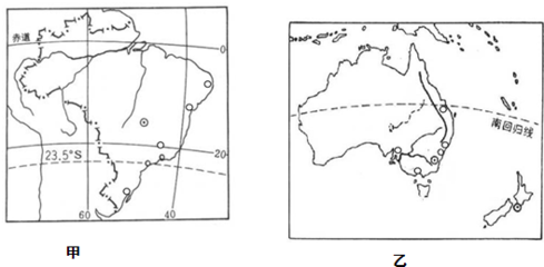 读甲乙两国图.回答问题.(1)根据图中信息.分析甲国东北部老工业区发展工业的有利条件 .(2)20世纪90年代以来.甲国经济增长主要得益于 产业的发展.位于 附近的“硅谷 是这类产业的中心,美国农业实现了地区生产的 .位于五大湖附近的农业带是 .乙国发展热带经济作物条件优越.主要热带经济作物有 . . .(3)题目和参考答案