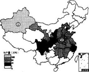 图为我国2007年某经济作物年产量分布.读图回答该作物产量前五位的省 区 的简称为 a.新.鲁.豫.冀.粤 b.新.豫.冀.川.浙 c.新.鲁.冀.甘.闽 d.新.鲁